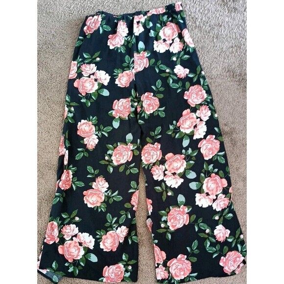 New Look Front Tie Pants Womens Sz Small Black Floral Open Wide Leg Lightweight - Picture 2 of 5